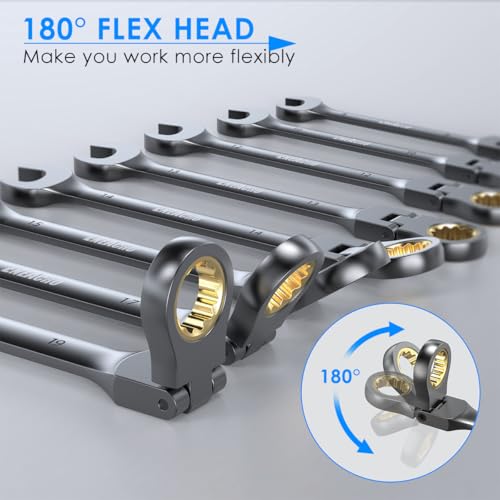 Miniatura 4 de Eneacro Juego De Llaves De Carraca Combinadas, Juego De Llaves Flexibles Antideslizantes De 10 Piezas, Métricas 8-19mm, 72 Dientes, Construidas En Cr-V, Niqueladas Con Bolsa De Almacenaje