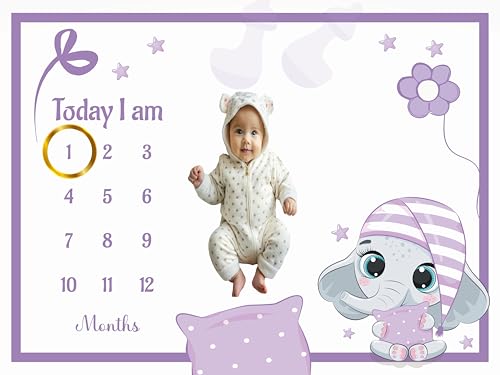Image of Baby Monthly Milestone Blanket | 1-12 Months | Soft All-Season AC Blanket | Ideal for Newborn Boys & Girls | Perfect Growth Tracker & Photoshoot Prop with Dreamy Elephant | 120x90 cm