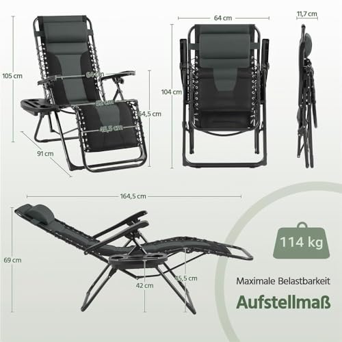 Yaheetech Sonnenliege Klappbar Wetterfest, Ergonomisches Gartenstuhl Gartenliege mit Verstellbarer Rückenlehne, Relaxliege inkl. Nackenkissen & Getränkehalter, Schwarz & Grau