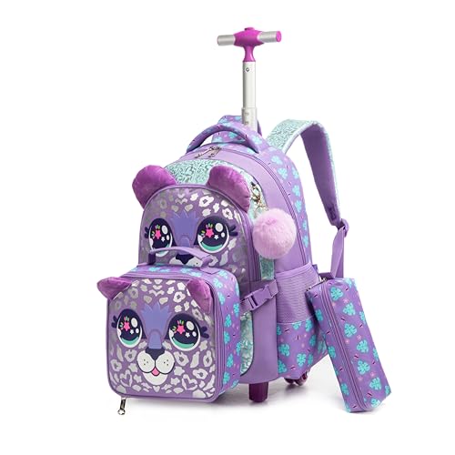 Mochila de Rodinhas Infantil CUTBLAJAT - Kit de 3 Peças com Lancheira e Estojo - Ideal para Meninas - Roxo Estampa de Leopardo