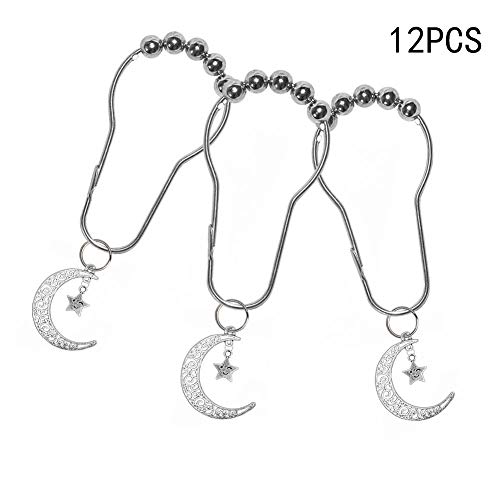 Moon Shower Curtain Hooks Rings Hollow Filigree Moon Star Decorative Pendants Hooks Accessories Polished Chrome Home Bathroom Stainless Steel Rustproof Shower Curtain Rings Decor Accessories-Silver #TOP1