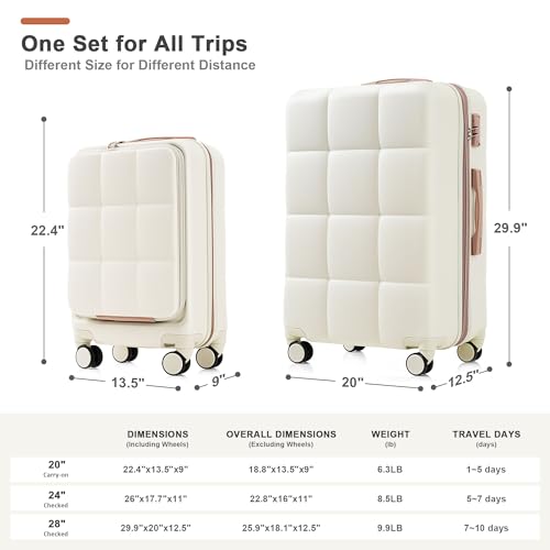 Luggage Sets 3 Piece, 20-inch with USB Port and front opening design, ABS Hard Shell Luggage with Spinner Wheels, Cup Holder, white2