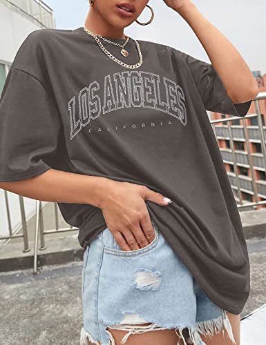 TOMEEK Camisetas Oversize Mujer Letras Creativas Camisetas Manga Corta Mujer con Cuello Redondo T Shirt Pullover Extragrande Tops Mujer Verano de Algodón Puro, Gris Oscuro, Talla XL