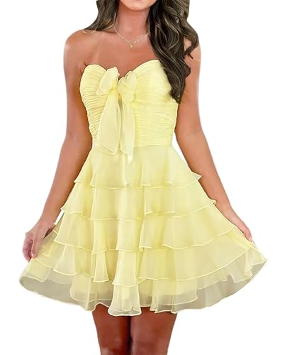 MisShow Strapless Chiffon Tiered Ruffle Homecoming Dresses 2025 for Teens Pleated Short Cocktail Party Prom Gowns