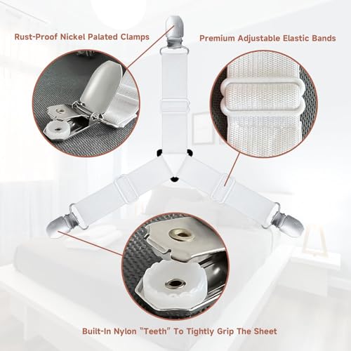 Image of Bed Sheet Straps, Upgrade Fitted Bed Sheet Holders for Corners, Non Slip Sheet Clips White 8Pcs
