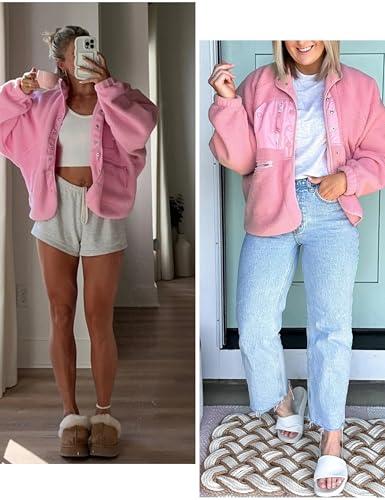 Vimyig Leichte Cropped-Fleece-Jacke für Damen, Winter, warme Sherpa-Jacke, Mantel, Oberbekleidung mit Taschen, Pink, S