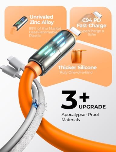 LISEN USB C to Lightning Cable, 240W 4 in 1 Charging Cable 6.6FT, Chubby USB A/C to C/Lightning with Light for iPhone Charger Fast Charging iPhone Air 17 16 15 14 Pro/MacBook/iPad, Orange — view 4