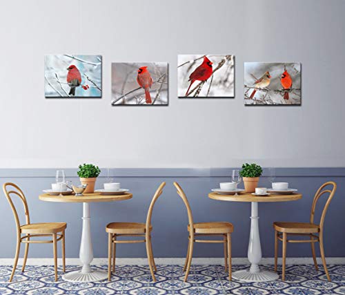 Sechars - 4 Piece Modern Canvas Painting Wall Art Birds Red Cardinal On Snowy Branch Pictures Print For Living Room Decor Winter Landscape Poster Christmas Gift Gallery Wrap Ready To Hang #TOP3