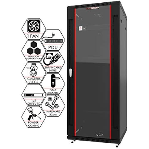27U Wall Mount Server Rack Cabinet, 19 Inch Network and AV Enclosure, 24 Inch Deep, Locking Glass Door, Fan, PDU, 2 Shelves, for Home Lab