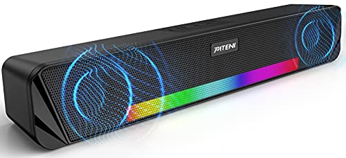 Wireless Computer Speakers, piteni Rechargeable Bluetooth Speaker with AUX and 6 RGB Light Mode, USB and Battery Powered Computer Speaker for Desktop PC, Portable Soundbar for TV,Laptop,Gaming 10W