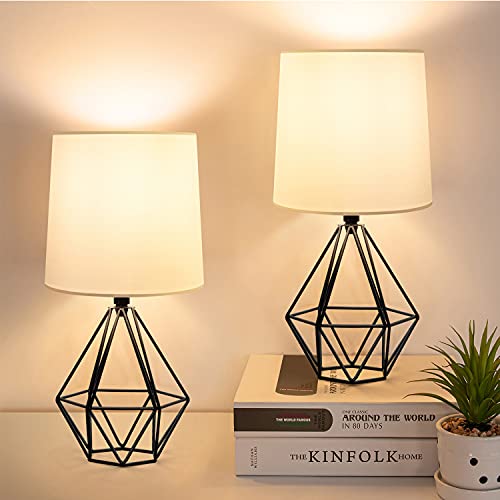 Black Modern Table Lamps, Set of 2 Nightstand Lamps for Bedrooms with Hollowed Out Base White Fabric Shade, Bedside Lamps for Bedroom Living Room Kids Room(11W 3000K Warm White LED Bulbs Includedï¼‰