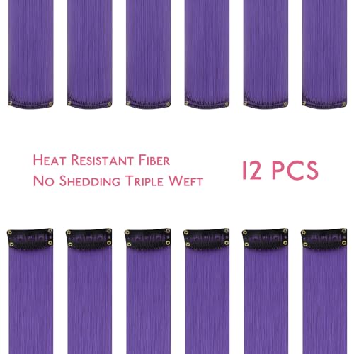 Image of WENNALIFE 12 PCS Deep Purple Hair Extensions Clip in, Colored Clip in Hair Extensions for Kids Highlights Rainbow Hair Clips for Girls Synthetic Straight Pop-up Style Colorful Girls Hair Accessories
