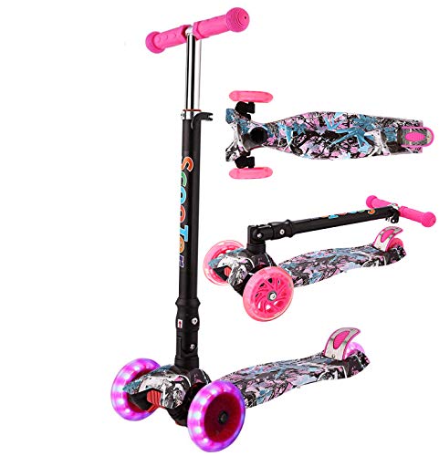 Oppikle 3 Räder Kinder Roller Scooter - Höhenverstellbarer Kinderroller Mit LED Leuchträdern Rollen Und Verstellbare Lenker Für Kleinkinder - Mädchen Oder Jungen Ab 3 Jahren (Violett Graffiti) Cover