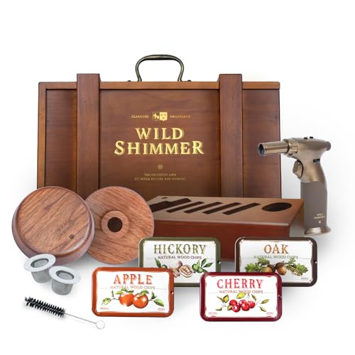 Cocktail Whiskey Smoker Kit with Torch, Wooden Box & Stand | Premium USA Walnut Smoker & 4 Flavors Natural Wood Chips | Old Fashioned Smoker Kit | Bourbon Gifts for Men