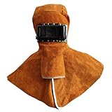 CHARMING MAY Leather Welding Hood Welding Helmet Full Protective Gear Mask Work Cap with Lens (Ordinary Type), Cowhide Leather Welder Hood with Neck Shoulder Drape