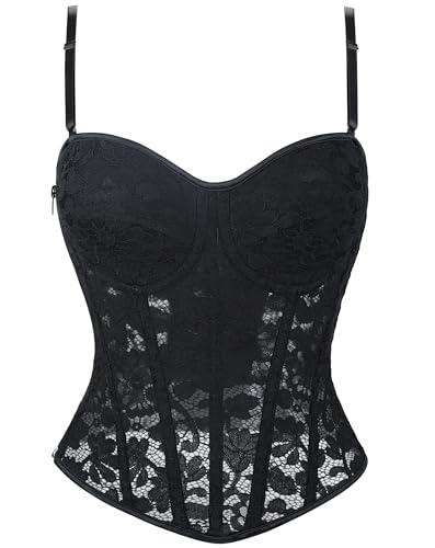 Women's Lace-Bustier Floral-Sheer-Mesh-Corset - Sexy-Spaghetti-Strap Zipper Corset Cami Tops Going Out