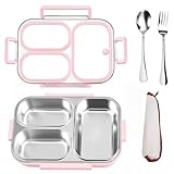 VACAID 25oz 18/8 Stainless Steel Lunch Box Kit (Bento Box + Fork/Spoon) - 3 Leakproof Compartments - Metal Snack Box for Kids & Adults - School/Office/Travel - Dishwasher Safe (Pink)