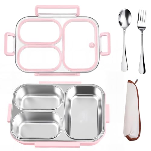 VACAID 25oz 18/8 Stainless Steel Lunch Box Kit (Bento Box + Fork/Spoon) - 3 Leakproof Compartments - Metal Snack Box for Kids & Adults - School/Office/Travel - Dishwasher Safe (Pink)