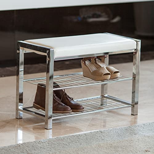 Danya B. Leatherette Entryway Bench With Two Metal Shoe Racks (Chrome/White) #TOP2