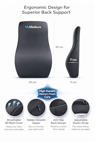 Image of Lumbar Support Cushion for Office Chair & Car Seat | Memory Foam Back Support Pillow for Lower Back Pain Relief, Posture Correction, Spine Support & Long Sitting Comfort | Black