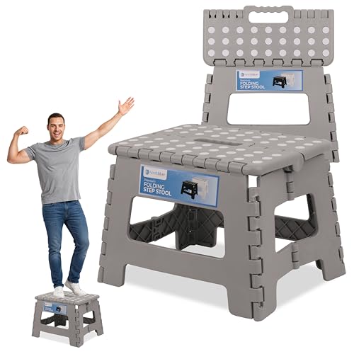 Trimming Shop Heavy Duty 9 Inch Folding Step Stool with Carry Handle Anti Slip Surface Portable Plastic Foldable Camping Stool for Kitchen Bathroom Indoor/Outdoor Use 330lbs Load Capacity - Light Grey