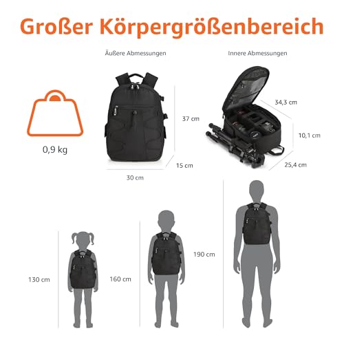 Amazon Basics Großer Kamerarucksack mit Interner Polsterung für DSLR und Zubehör, Wasserdicht und Stoßfest, 30 x 15 x 37 cm, Einfarbig, Schwarz