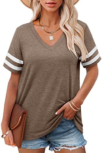 Angerella Khaki V Neck T Shirts for Women Short Sleeve Summer Tops Casual T-Shirts Loose Fit XL