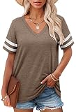 Angerella Khaki V Neck T Shirts for Women Short Sleeve Summer Tops Casual T-Shirts Loose Fit XL