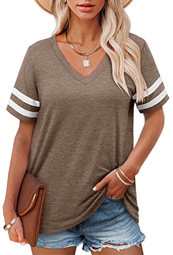Angerella Khaki V Neck T Shirts For Women Short Sleeve Summer Tops Casual T-Shirts Loose Fit Xl #TOP23