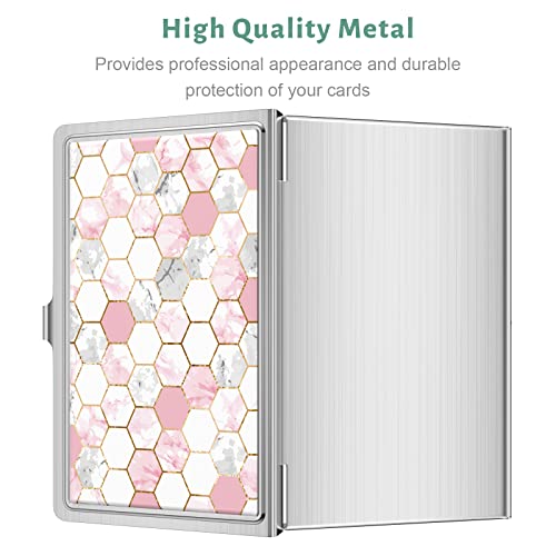 Rouidr Business Card Holder, Small Business Card Case, Slim Metal Business Card Organizer, Pocket Name Card Holder Wallet for Men Women (Pink Hexagon)