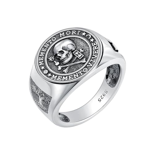 Memento Mori Ring 925 Sterling Silver Gothic Skull Signet Rings Tree of Life for Men Stoic Jewelry Memento Vivere Gifts