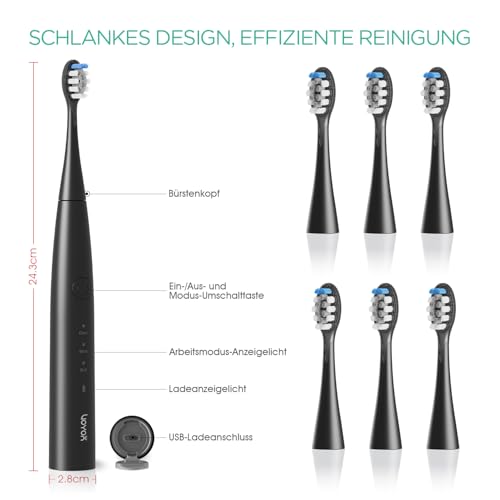 VOYOR-HEALTH Elektrische Zahnbürste, Schallzahnbürste für Erwachsene mit 6 Bürstenköpfen, Wiederaufladbare Ultraschall Zahnbürsten mit Intelligentem Timer IPX7 Wasserdicht ET110 (Schwarz) – Bild 7