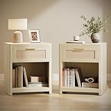 VASAGLE ELLAN Kollektion - Nachttisch, Boho-Stil, 2er Set, Beistelltisch, mit Schublade in Rattan-Optik, mit offenem Fach, abgerundeten Ecken, für Schlafzimmer neben dem Bett, naturbeige LET818LC01