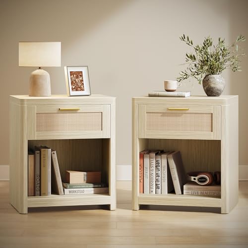 VASAGLE ELLAN Colección   Mesitas Boho con Cajón Efecto Ratán, Juego de 2, Mesas Auxiliares con Compartimento Abierto, Esquinas Redondeadas, Dormitorio, Beige Natural LET818LC01