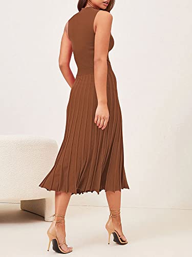 Pink Queen Women's Sexy Bodycon Knit Dress Crew Neck Tank Pleated Swing Party Wedding Maxi Dresses Brown S #TOP1