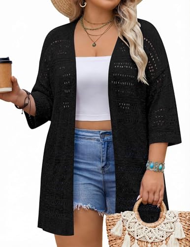 Image of IN'VOLAND Plus Size Crochet Cardigan for Women Summer Lightweight 3 /4 Sleeve Kimono Boho Open Front Knitted Cardigans