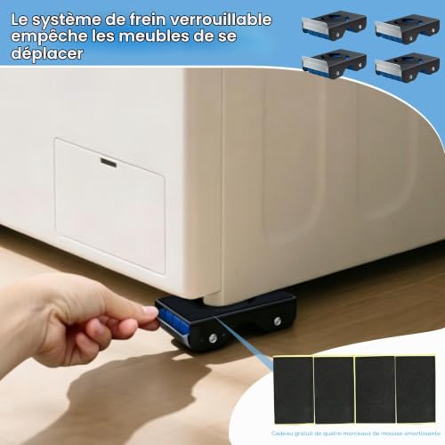 4 Pcs Support Machine À Laver Roulant, Socle Pour Sèche-Linge Réfrigérateur, Chariot Meuble Lourd 350kg Avec Roulettes Et Freins, Patin Anti-Vibration Base Universelle, Noir – vue 5