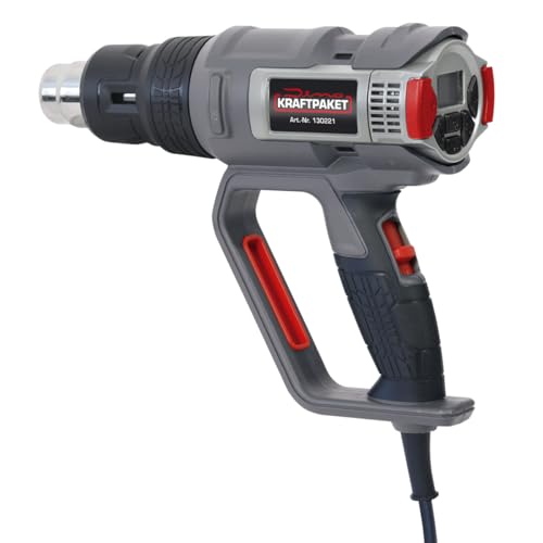 Dino KRAFTPAKET PROFI Heißluftpistole 2000W (60 Temperaturstufen: 50-650°C, programmierbar, Kühlstufe, Luft: 250-500L/min) Heißluftgebläse mit Keramik Heizelement, Display, Memory, Koffer+Zubehör