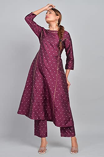 Image of Riara Art Silk Women Long Anarkali Kurti with Pant Polka Dot A-line Ladies Ethnic Wear Dress