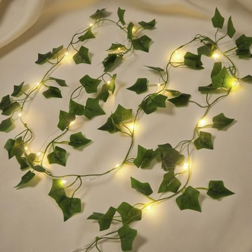 Lichterkette mit Blättern, Grüne Blatt Efeuranke mit 20 LED Licht, Efeu Künstlich mit Lichterkette, Efeugirlande Lichterkette Innen 2m, Frühling Pflanzen Dekoration für Hochzeit Party (WarmWeiß)