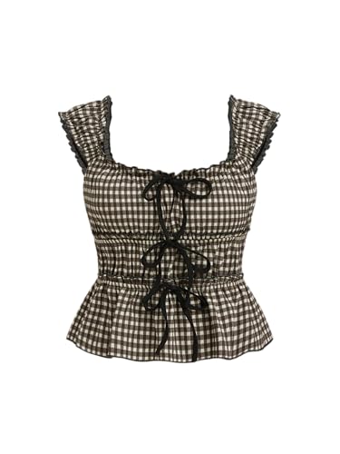 CIDER Womens Tops Square Neck Cotton Blend Gingham Bowknot Tops Short Sleeve Casual Top Daily Top