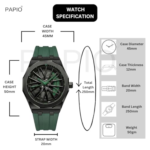 Image of PAPIO Men's Sports Analog Watch with Wheel Design Dial | Metal Case | Silicone Strap | Stylish Casual Watch for Men