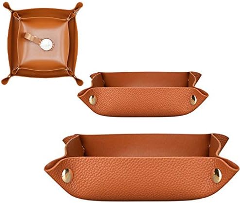 Dulau 2 Pieces Valet Tray, PU Leather Tray, Men Women Jewelry Key Tray Catchall Tray, Bedside Tiny Tray, Storage Box for Wallets, Watches, Keys, Coins, Cell Phones, Small & Big Size - Brown