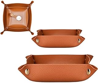 Dulau 2 Pieces Valet Tray, PU Leather Tray, Men Women Jewelry Key Tray Catchall Tray, Bedside Tiny Tray, Storage Box for Wallets, Watches, Keys, Coins, Cell Phones, Small & Big Size - Brown