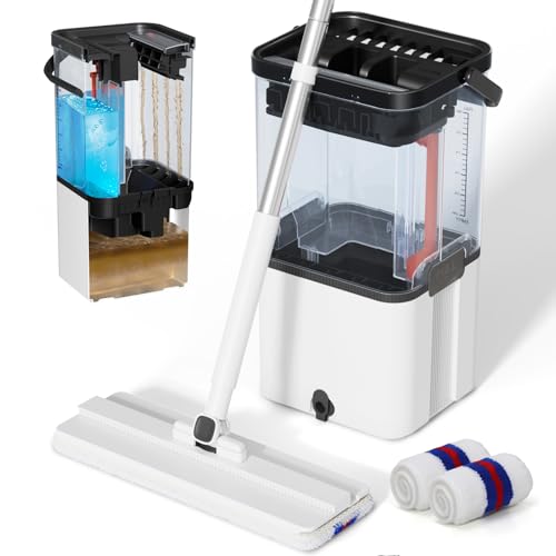 Mop and Bucket Set,Midyb Flat Mops and Bucket System with 2 Microfiber Pads,Mop and Bucket with Wringer Set,Automatic Separates Dirty and Clean Water,Wet and Dry Use Mops for Floor Cleaning