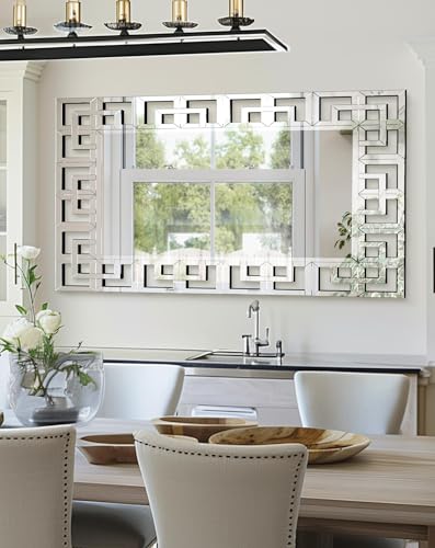 Image of Artloge Decorative Mirror for Wall: 120x70 cm Rectangular Large Silver Vanity with Beveled Glass Grecian Venetian Frame Edge Home Art Modern Accent Decor Bathroom Bedroom Living Room