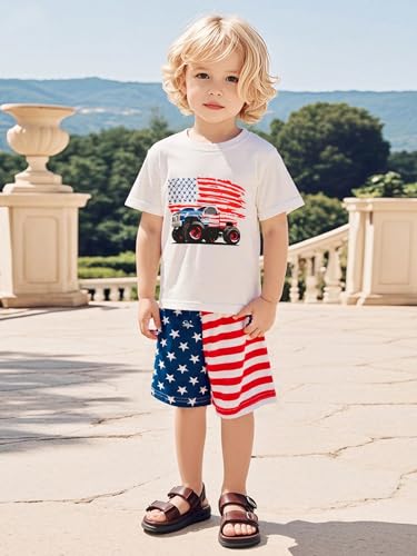 Image of Toddler Boy 4th of July Outfit Short Sleeve T-shirt + American Flag Shorts Independence Day Clothes