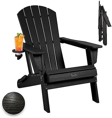 Plawdlik Folding Adirondack Chair, SGS Tested, Wooden Textured with Cup Holder, Heavy All-Weather HDPE Comfortable Set Poolside Backyard Lawn Black