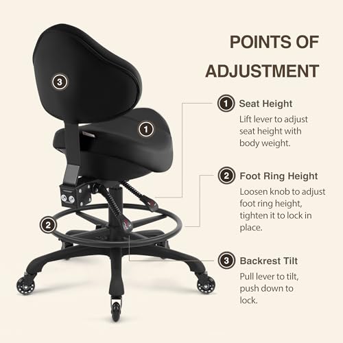 Image of Pneumatic Swivel Rolling Saddle Chair with Wheels and Ergonomic Back Support for Hair Stylist, Dental Hygienist, Hygienic Clinic, Spa, Massage, Home, Office - Black Vinyl Leather - 510 KOA