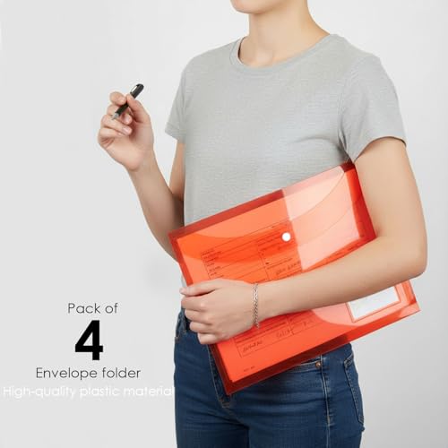 Image of Shuban Document File Folders with Snap Button Closure, Waterproof Plastic Envelope Pouches for Letter /A4 Size Paper, Assorted Transparent Colors (Style-3-Plain Transparent Folder-4Pcs-Mix Color)